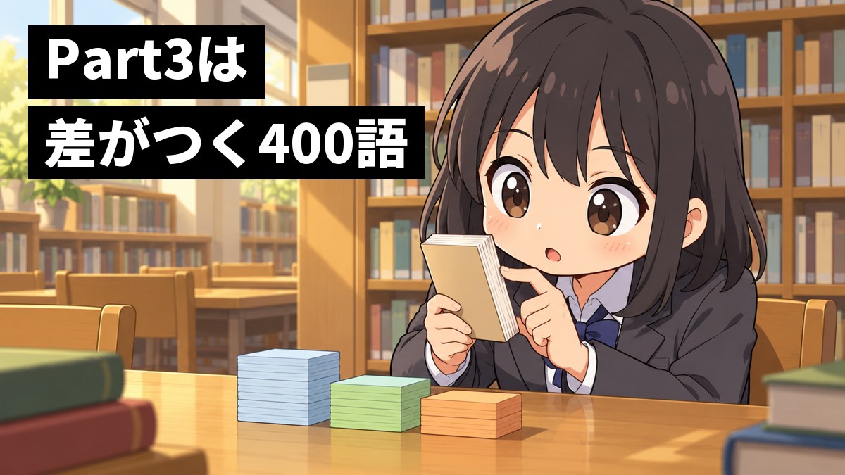 高校の図書室の机で、色ちがいの3つの束に分けた単語帳の厚みを、興味しんしんで指でたしかめる高校生の女の子。「Part3は差がつく400語」の文字。