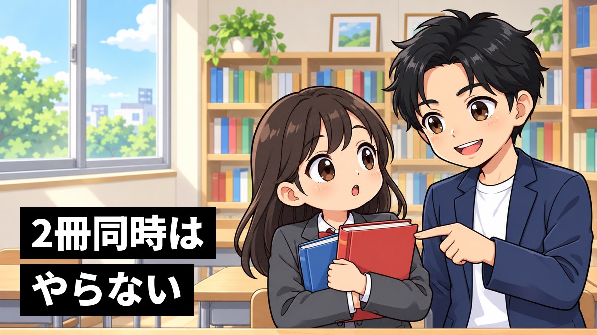 塾の教室で、単語帳を2冊抱えた高校生に、塾長の小池が1冊を指さして話し、高校生がなるほどと目を丸くして聞き入っている。「2冊同時はやらない」の文字。