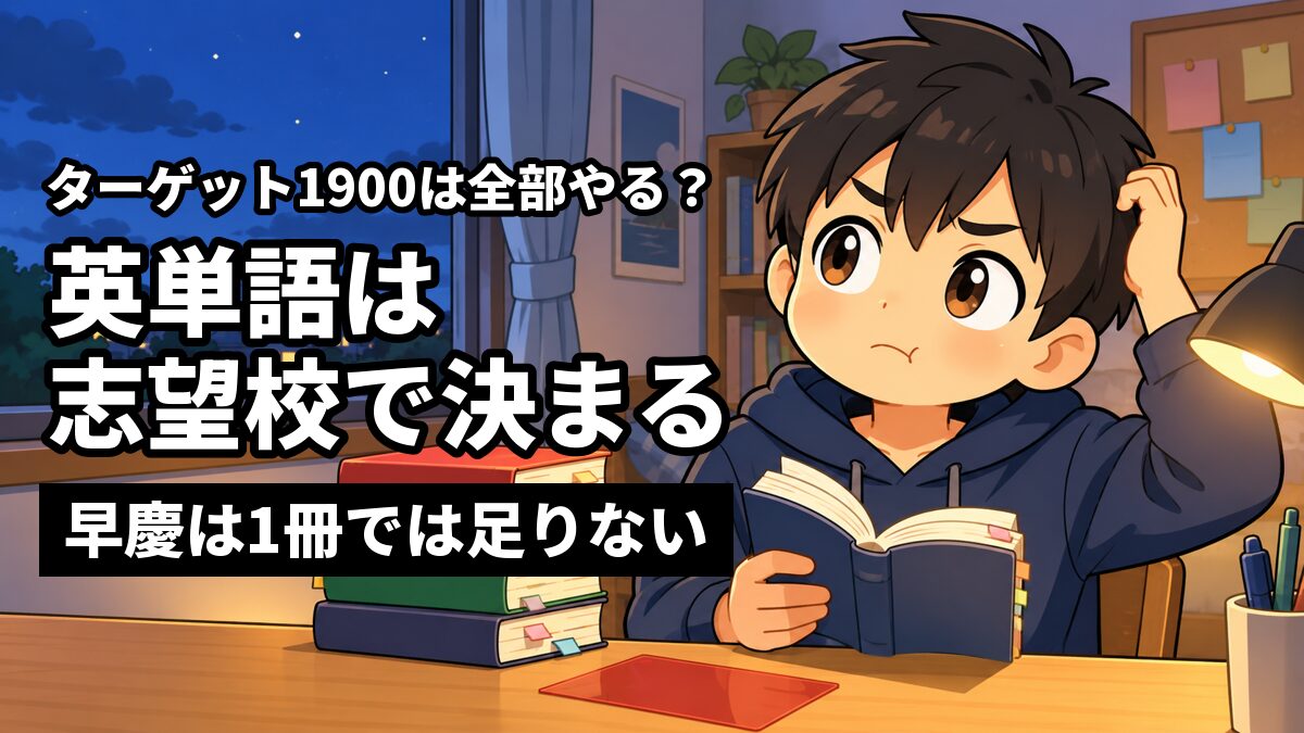自分の部屋の机で、積み上げた英単語帳を前に、1冊を手に持って「どこまでやろう」と考えこむ高校生。「ターゲット1900は全部やる?」「英単語は志望校で決まる」「早慶は1冊では足りない」の文字。
