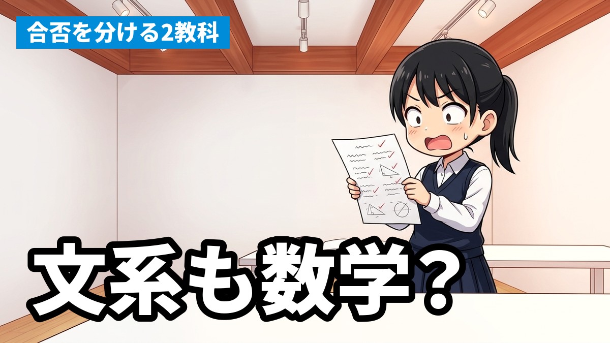 塾の教室で数学の答案を手に驚く高校生と「文系も数学?」の文字
