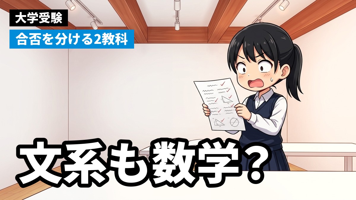 塾の教室で数学の答案を手に驚く高校生と「文系も数学?」の文字