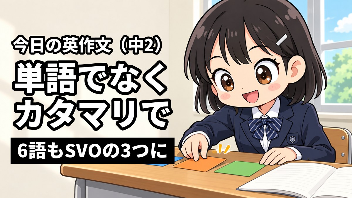 塾の教室の机で、館山中の制服を着た中学2年の女子が3つの色のカードを並べながら、楽しそうに英文を組み立てているイラスト。「今日の英作文（中2）」「単語でなく カタマリで」「6語もSVOの3つに」の文字。