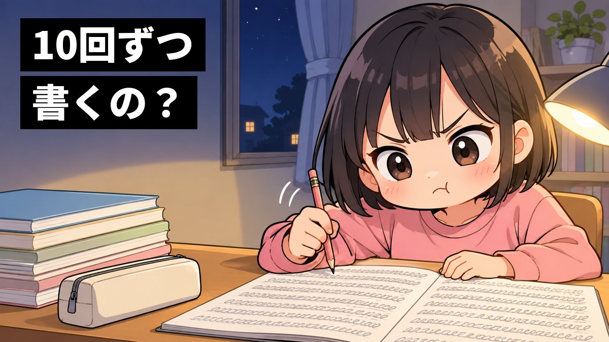 夜の自宅の机で、部屋着の中学1年生の女の子が英単語を1語ずつ何回も書いたノートを前に、むっとした顔をしているイラスト。「10回ずつ書くの?」の文字。