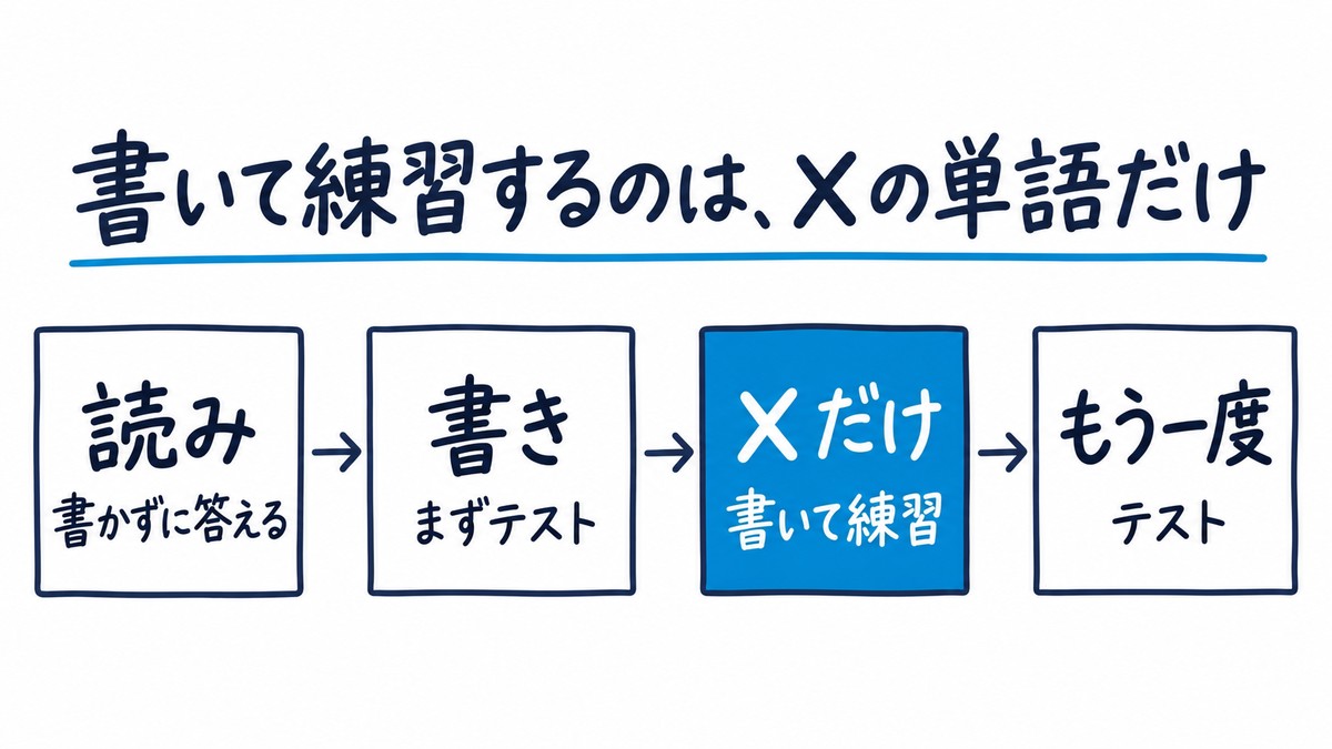 英単語プリントの使い方を、読みは書かずに答える、書きはまずテスト、✕の単語だけ書いて練習、もう一度テストの4つの箱でつないだ手描きの図解。見出しは「書いて練習するのは、✕の単語だけ」。