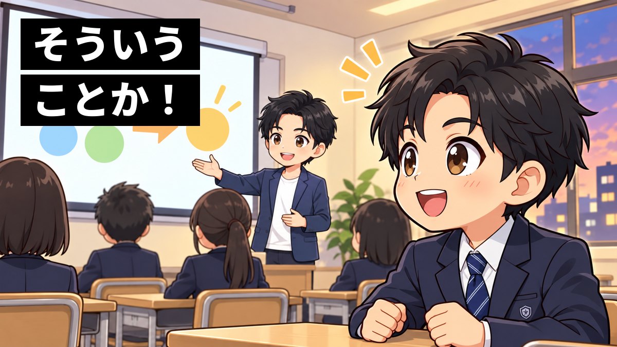 塾の教室で、塾長が前のスクリーンの英単語のスライドを指して説明し、館山中の制服の中学2年生の男子がひらめいて目を輝かせているイラスト。「そういうことか!」の文字。