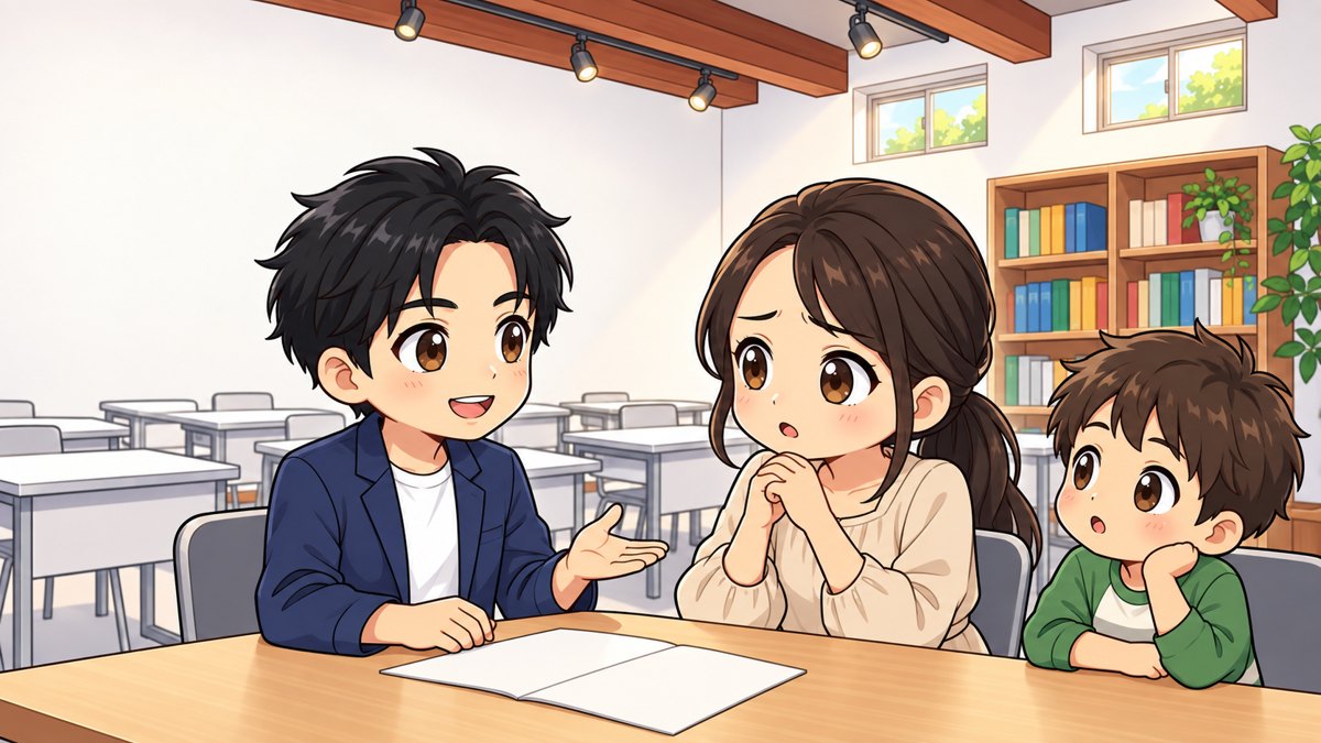 塾の教室の机をはさんで、母親が少し不安そうな顔で塾長に質問し、塾長が落ち着いて答え、隣の小学校低学年の男の子が話を聞いているイラスト。
