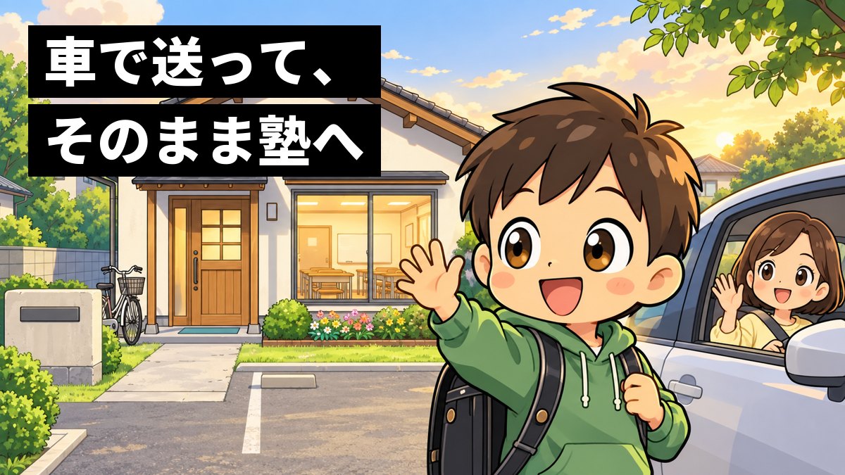 夕方、ランゲージ・ラボラトリーの建物の前で、送迎の車から降りた私服の小学生の男の子が元気に手を振り、運転席の母親が見送っているイラスト。「車で送って、そのまま塾へ」の文字。