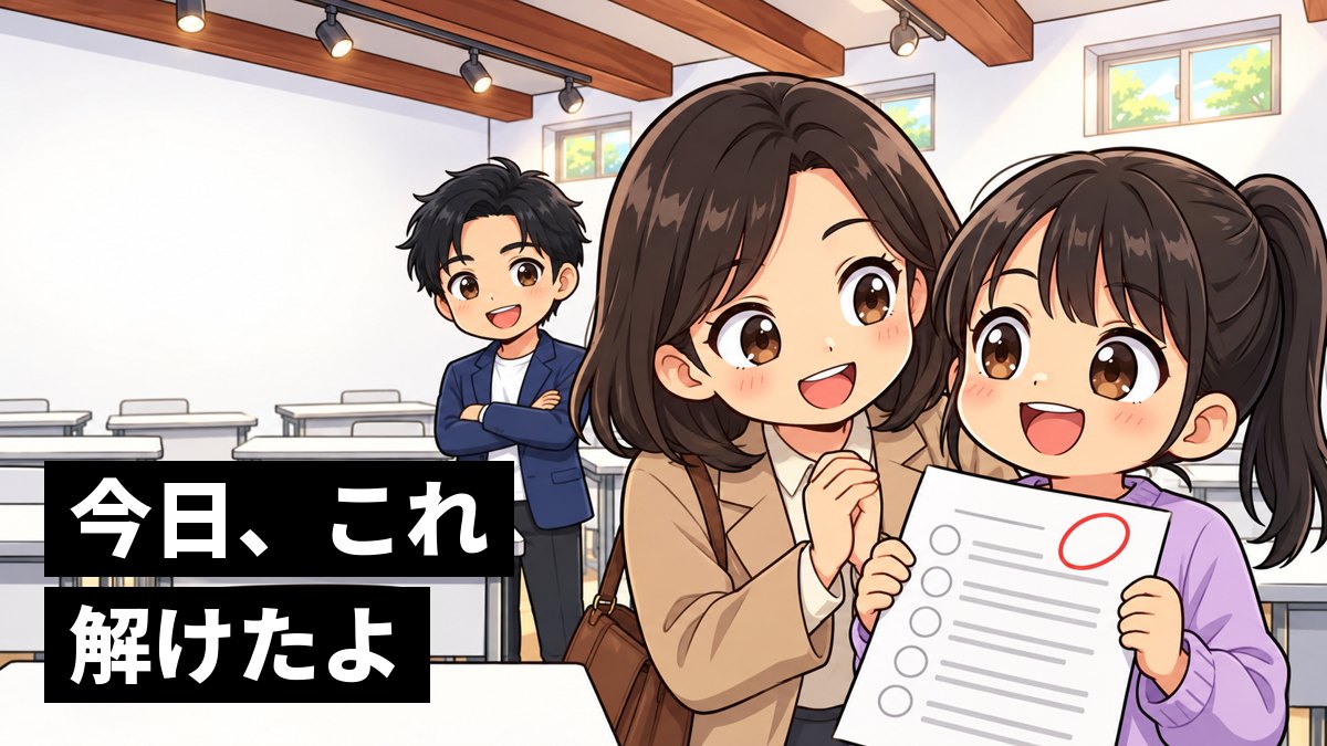 授業のあと塾の教室で、私服の小学5年生の女の子が算数のプリントを母親に見せて得意げにし、母親が目を丸くして喜び、後ろで塾長が見守っているイラスト。「今日、これ解けたよ」の文字。