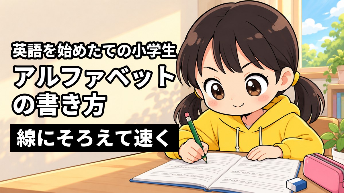 家の机で、私服の小学生の女の子が英語の4本線ノートに集中してアルファベットを書いているイラスト。「英語を始めたての小学生」「アルファベットの書き方」「線にそろえて速く」の文字。