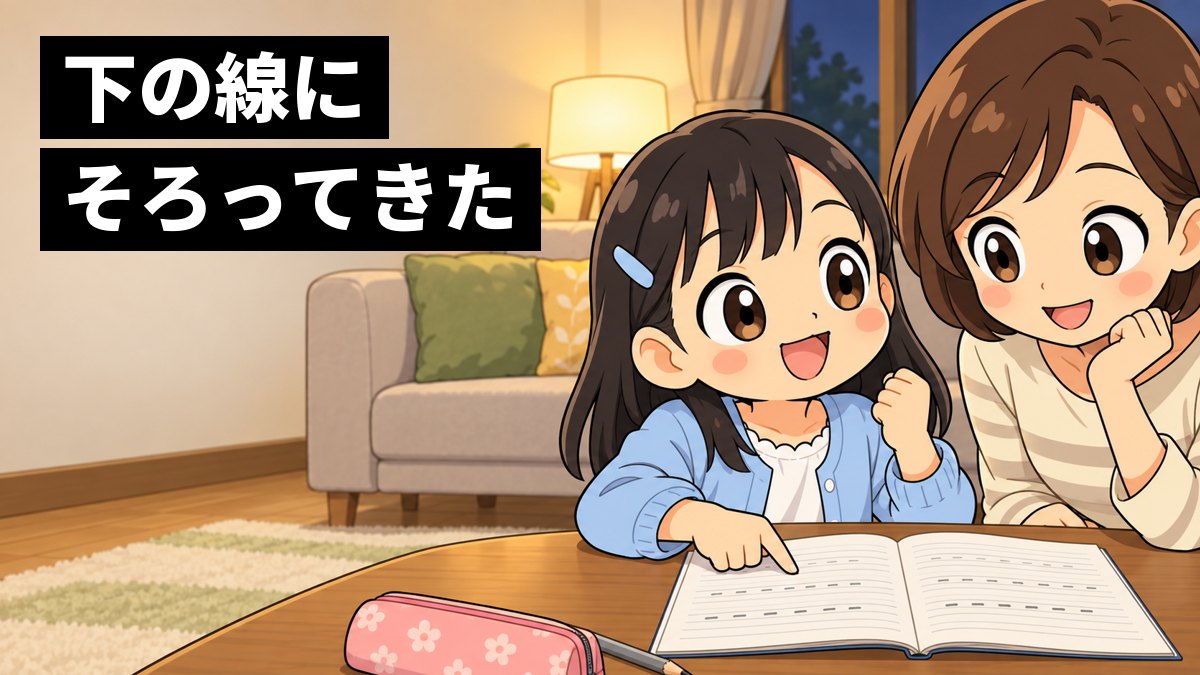夕方のリビングで、私服の小学5年生の女の子が自分の英語ノートの行を指さして得意げにし、母親がのぞき込んでほっとしているイラスト。「下の線にそろってきた」の文字。