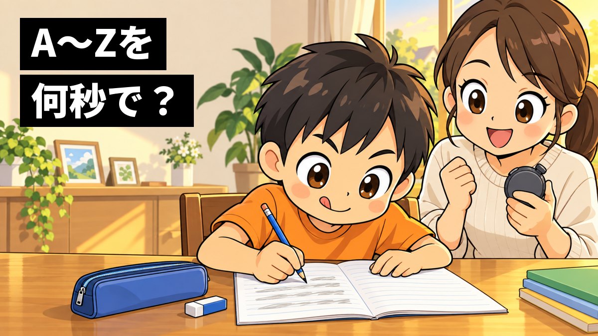 夕方の家のダイニングで、私服の小学4年生の男の子が英語の4本線ノートにアルファベットを夢中で書き、横で母親がストップウォッチを持って計っているイラスト。「A~Zを何秒で?」の文字。