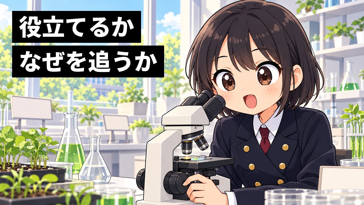 大学のオープンキャンパスの明るい実験室で、安房高校の制服の女子高校生が、顕微鏡から顔を上げて目を丸くし、ワクワクした顔をしている挿絵。文字「役立てるかなぜを追うか」