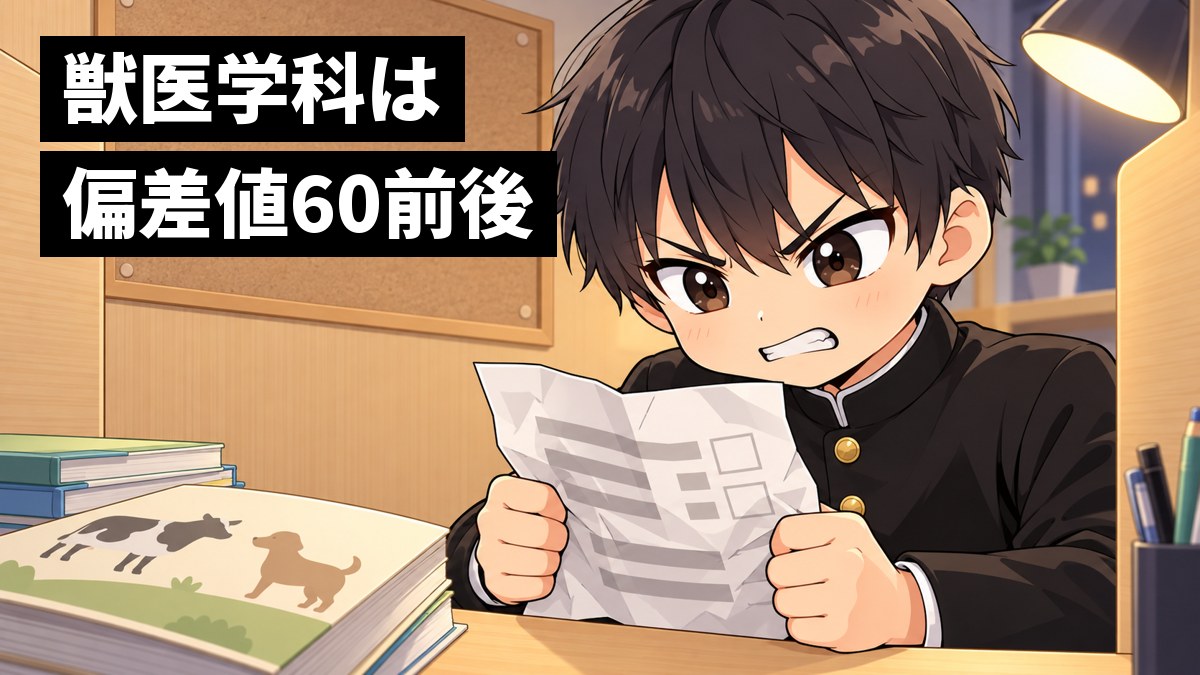 塾の自習ブースで、安房高校の学ランの男子高校生が、模試の結果の紙を握りしめて歯を食いしばり、悔しさをこらえている挿絵。机には動物の図鑑が置いてある。文字「獣医学科は偏差値60前後」