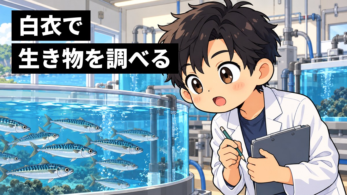 海辺にある大学の実習施設の水槽の部屋で、白衣を着た男子大学生が、サバが泳ぐ大きな水槽に顔を近づけ、記録用のボードを手に夢中で観察している挿絵。文字「白衣で生き物を調べる」
