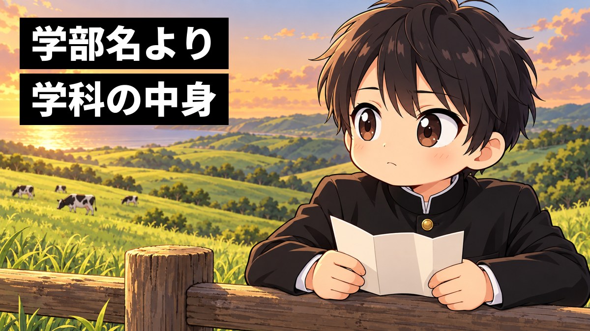 夕方の南房総の丘の牧場で、安房高校の学ランの男子高校生が木の柵にもたれ、遠くで草を食べる白黒の乳牛を見ながら、少し不安そうに進路を考えている挿絵。文字「学部名より学科の中身」