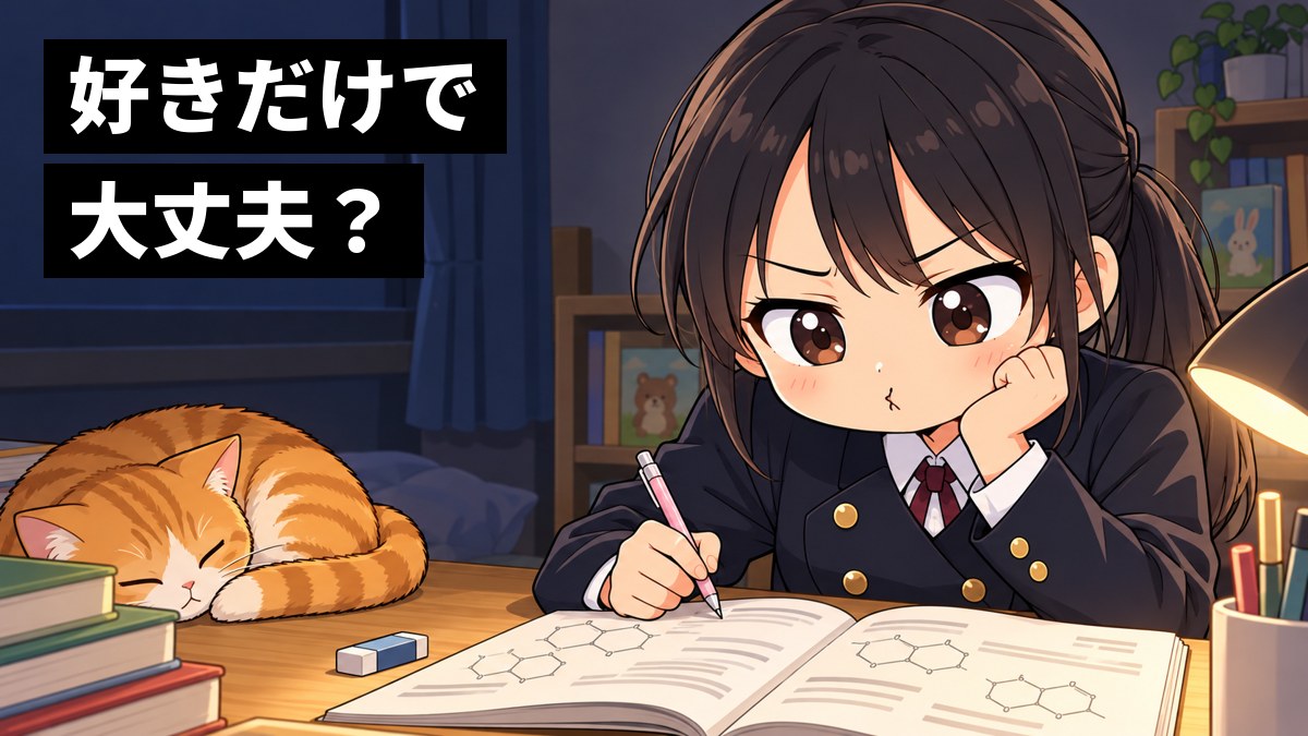 夜の自分の部屋の机で、安房高校の制服の女子高校生が化学の問題集を前に頬をふくらませてむっとしていて、机の端では飼い猫がのんきに眠っている挿絵。文字「好きだけで大丈夫?」
