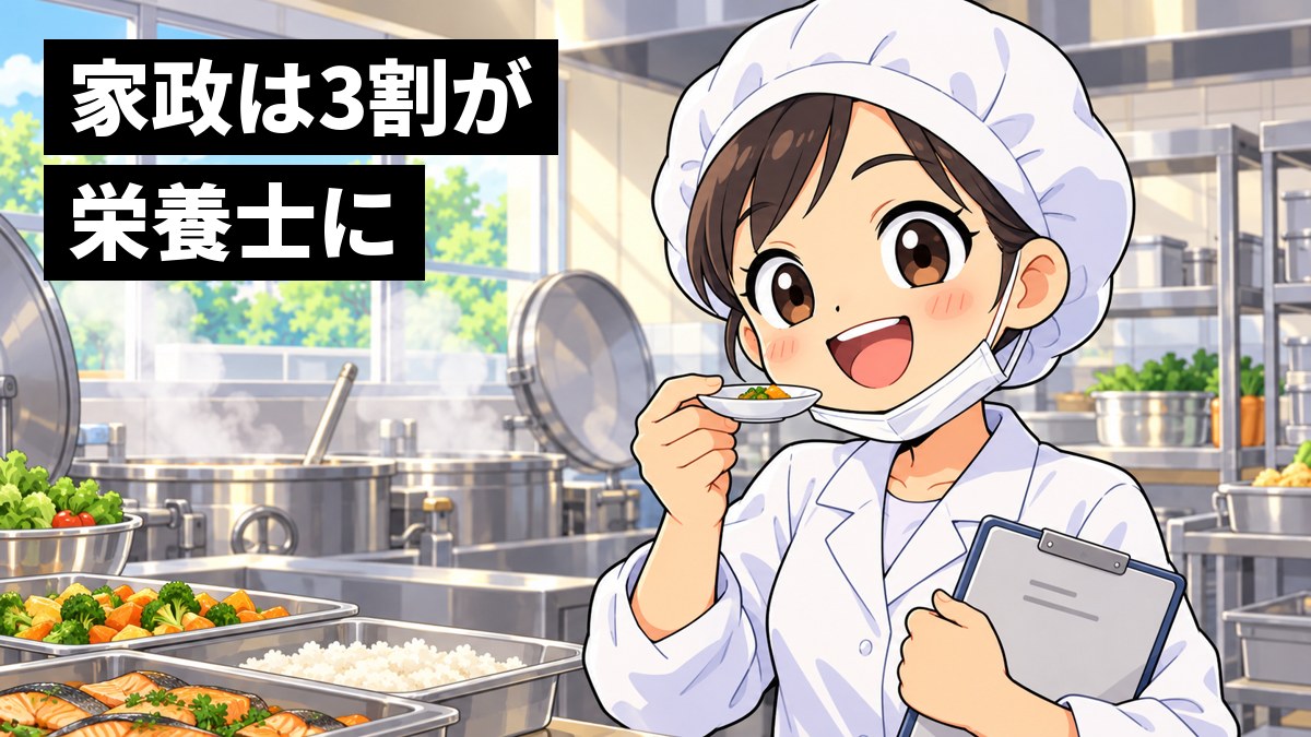 明るい給食センターの調理室で、白い調理着と帽子の若い女性の栄養士が、大きな鍋から小皿に取った汁物を味見して、満足そうににっこり笑っている挿絵。文字「家政は3割が栄養士に」