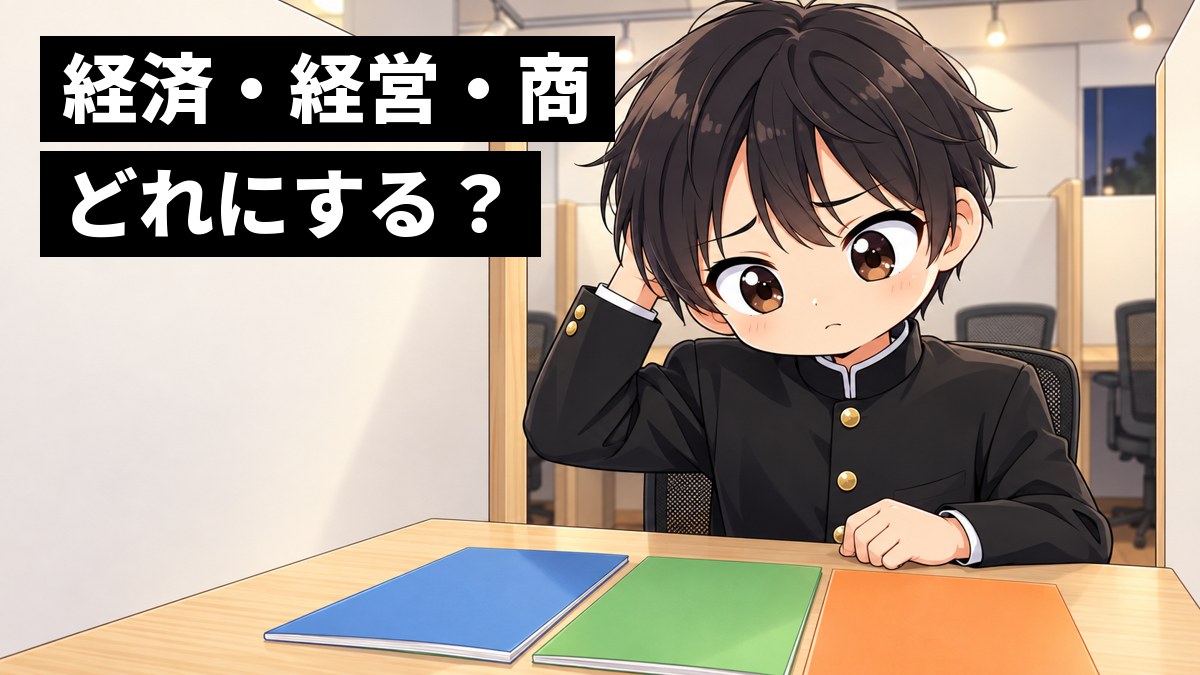 塾の自習ブースで、学ラン姿の安房高校の男子が、表紙の色が違う3冊の大学案内を机に並べ、首をかしげて困った顔で途方にくれている挿絵。文字「経済・経営・商どれにする?」