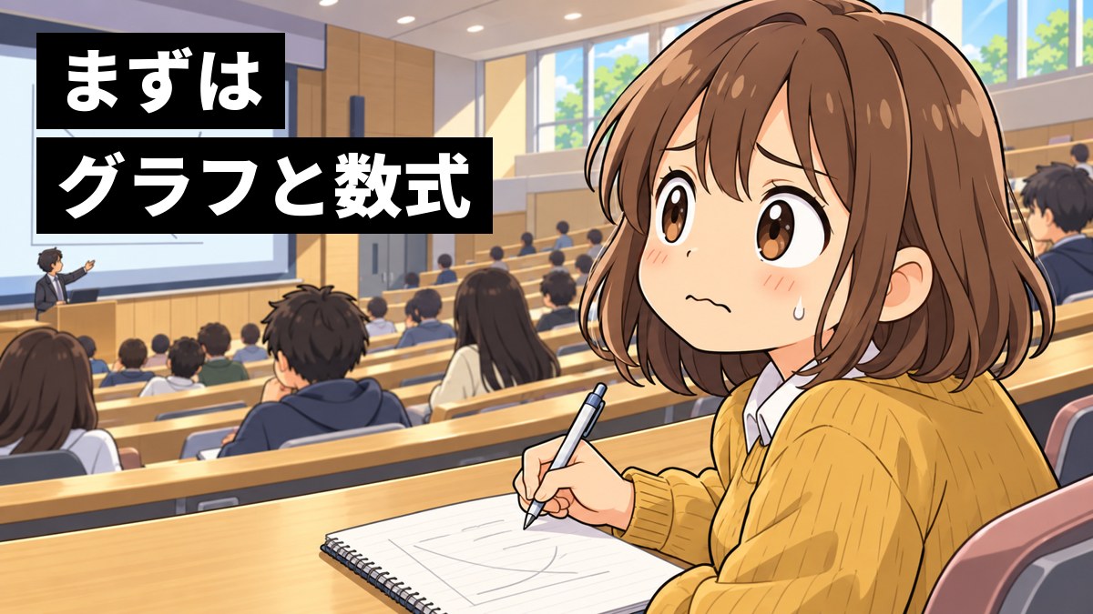 大学の階段教室で、私服の女子大学生が、前の大きなスクリーンに映るグラフと曲線を見上げ、ペンを止めて目を丸くし、面食らって途方にくれている挿絵。文字「まずはグラフと数式」