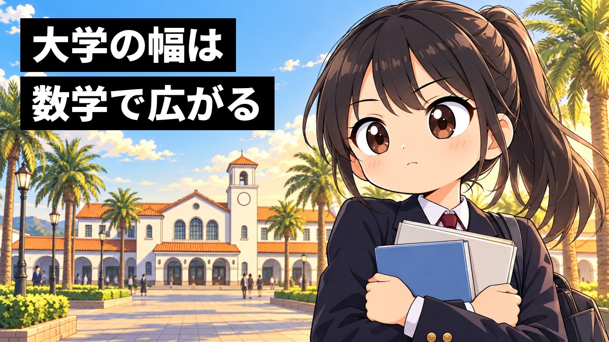 館山駅の前で、安房高校の制服の女子高校生が、数学の参考書と大学案内を胸に抱え、口を結んで力強くうなずく決意の顔をしている挿絵。文字「大学の幅は数学で広がる」