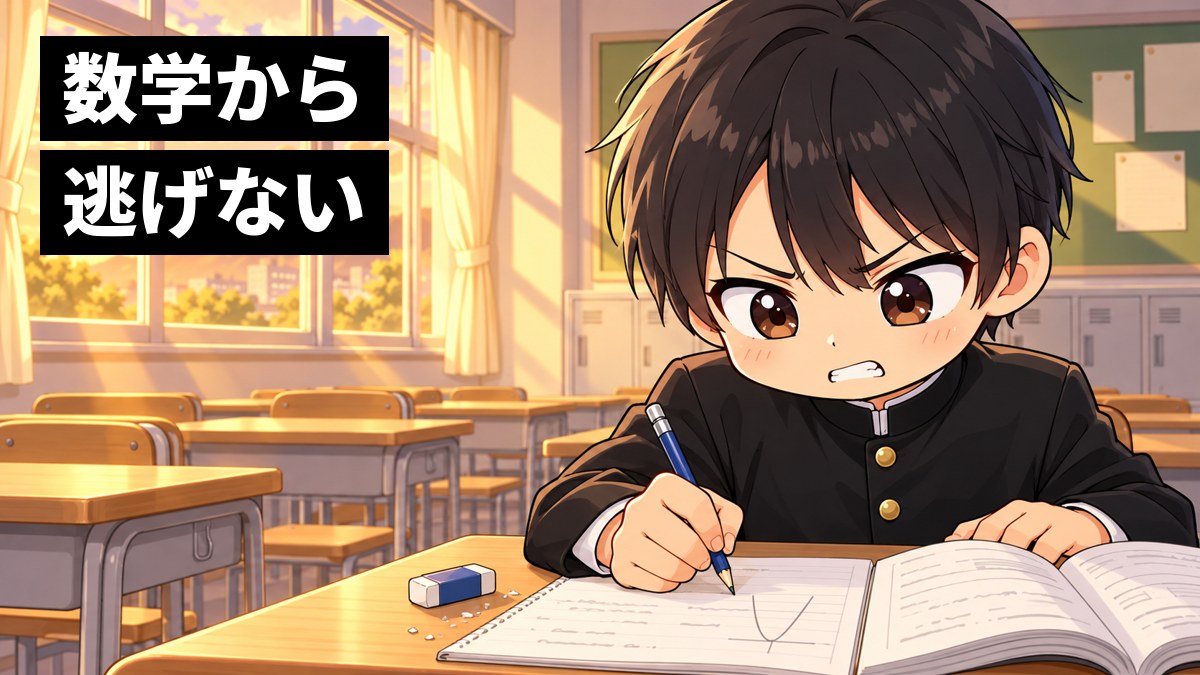 放課後の高校の教室で、学ラン姿の安房高校の男子が、数学の問題集に向かって歯を食いしばり、むっとした顔で鉛筆を握って問題に食らいついている挿絵。文字「数学から逃げない」