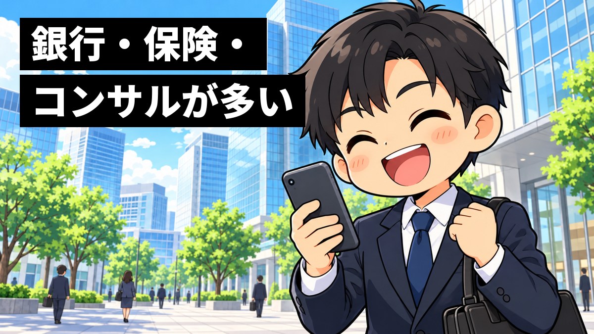 高層ビルが並ぶ朝のオフィス街で、就活スーツの男子大学生が、スマートフォンで内定の知らせを受け取り、ガッツポーズで満面の笑みを浮かべている挿絵。文字「銀行・保険・コンサルが多い」