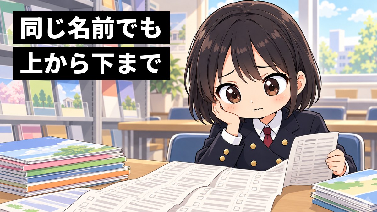 高校の進路資料室で、安房高校の制服の女子高校生が、机いっぱいに広げた長い大学の一覧と資料の山を前に、眉を下げて途方にくれている挿絵。文字「同じ名前でも上から下まで」
