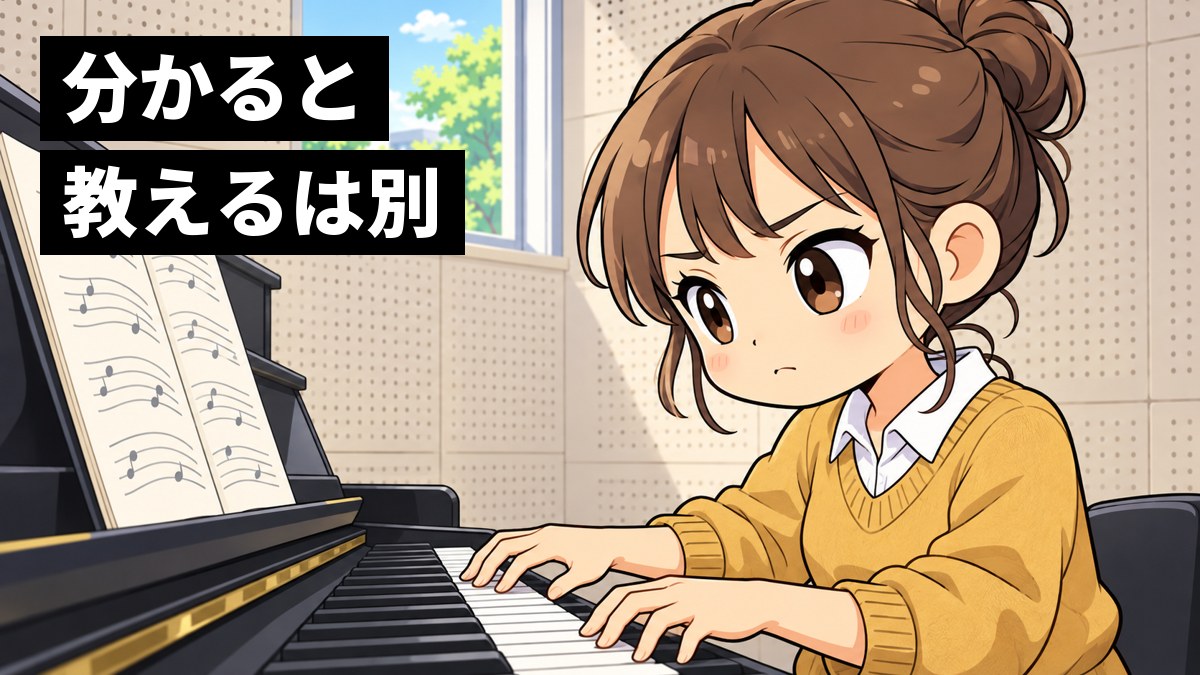 大学の小さなピアノ練習室で、私服の女子大学生が楽譜を見ながら、口を結んで真剣に子どもの歌のピアノを練習している挿絵。文字「分かると教えるは別」
