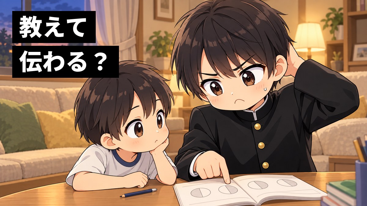 家のリビングのテーブルで、安房高校の学ランの男子高校生が小学生の弟に算数を教えているが、弟はきょとんとしていて、口をとがらせて頭をかきながらもどかしがっている挿絵。文字「教えて伝わる?」