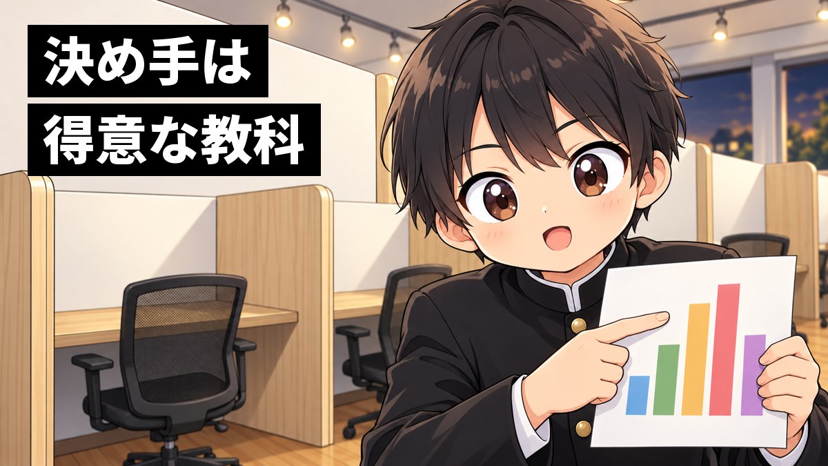 塾の自習ブースで、安房高校の学ランの男子高校生が、色分けされた棒グラフの成績表を手に、ひらめいた顔で身を乗り出している挿絵。文字「決め手は得意な教科」