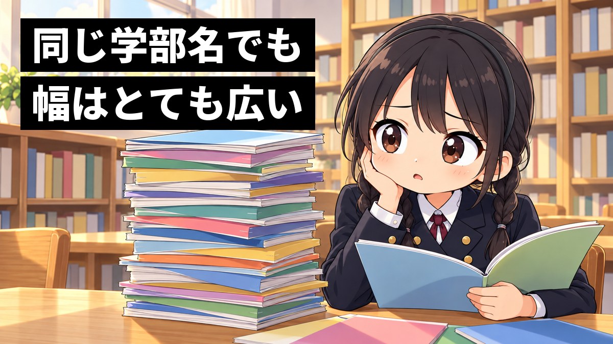 高校の図書室で、安房高校の制服の女子高校生が、机に積み上がったたくさんの大学案内のパンフレットを前に、どれを選べばいいか分からず困った顔をしている挿絵。文字「同じ学部名でも幅はとても広い」