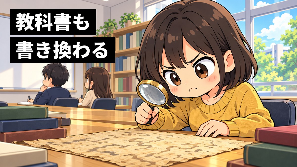 大学のゼミ室で、私服の女子大学生が古い手書きの文書の写しを机に広げ、虫めがねを手に眉を寄せて、納得いかない顔でにらんでいる挿絵。文字「教科書も書き換わる」