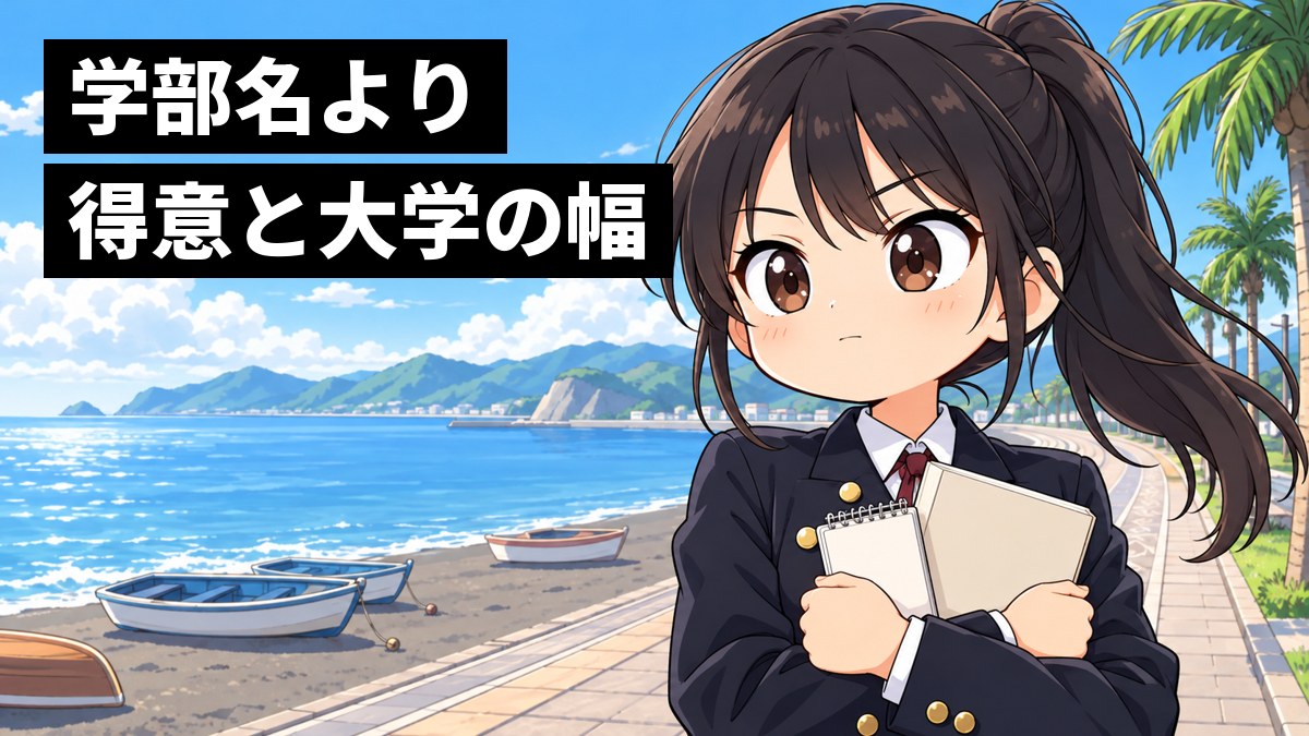 館山・北条の海辺の遊歩道で、安房高校の制服の女子高校生が、単語帳と文庫本を胸に抱えて、迷いの晴れた顔でしっかりうなずいている挿絵。文字「学部名より得意と大学の幅」
