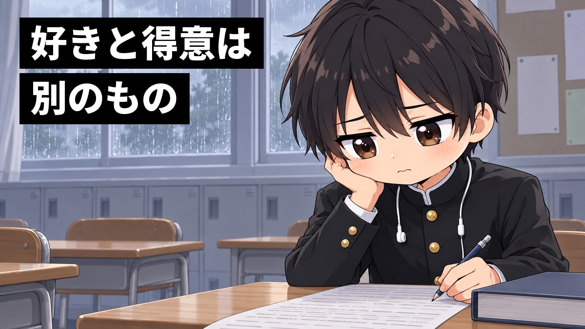 高校の教室で、安房高校の学ランの男子高校生が、英語の長い文章のプリントと辞書を前に、イヤホンを首にかけたまま途方にくれてしょんぼりしている挿絵。文字「好きと得意は別のもの」
