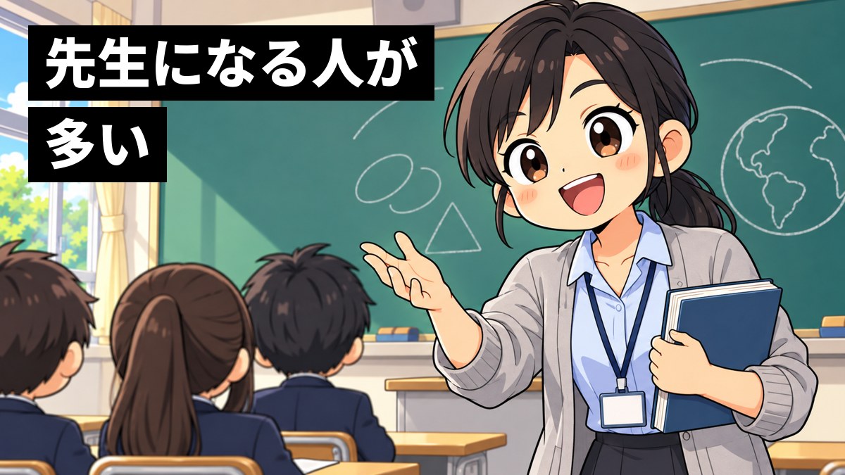 高校の教室の前で、若い女性の英語の先生が、生徒たちのほうを向いて身ぶりをまじえながら夢中で教えている挿絵。手前に生徒の後ろ姿。文字「先生になる人が多い」
