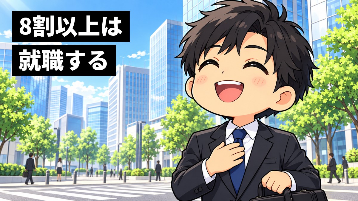 朝のオフィス街の歩道で、黒い就活スーツの男子大学生が、ほっとした晴れやかな笑顔で空を見上げている挿絵。文字「8割以上は就職する」