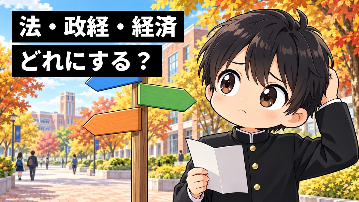 大学のオープンキャンパスで、学ラン姿の安房高校の男子が、三方向を指す案内板の前で首をかしげ、どの学部に行くか困って途方にくれている挿絵。文字「法・政経・経済どれにする?」