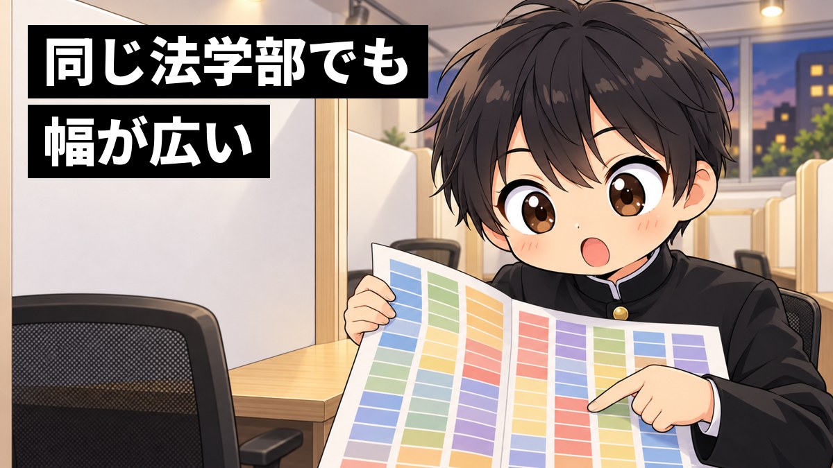 塾の自習ブースで、学ラン姿の安房高校の男子が、大きな表の一列を上から下まで指でなぞり、目を丸くして驚きながらわくわくしている挿絵。文字「同じ法学部でも幅が広い」