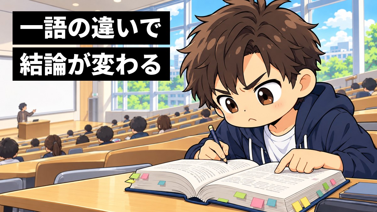大学の階段教室で、私服の男子大学生が分厚い法律の本を開き、眉を寄せて条文をにらみながら納得いかない顔で考え込んでいる挿絵。文字「一語の違いで結論が変わる」
