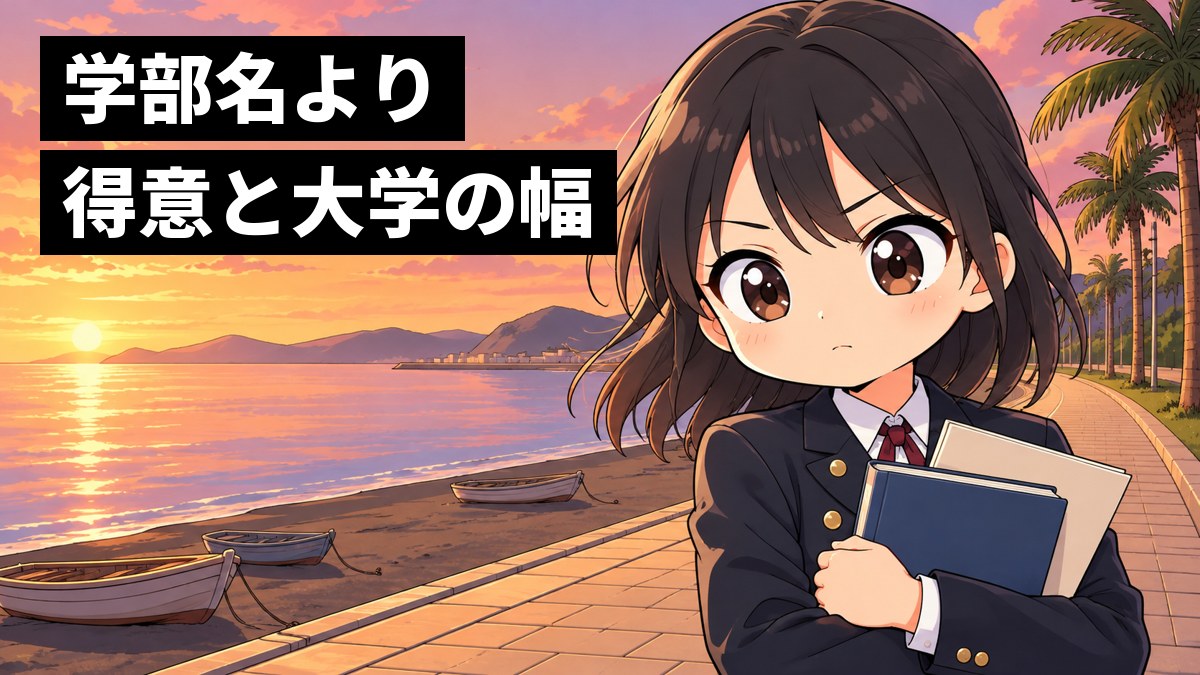 館山の海辺の遊歩道で、安房高校の制服の女子高校生が、法律の本と大学案内を胸に抱え、口を結んで力強くうなずく決意の顔をしている挿絵。文字「学部名より得意と大学の幅」