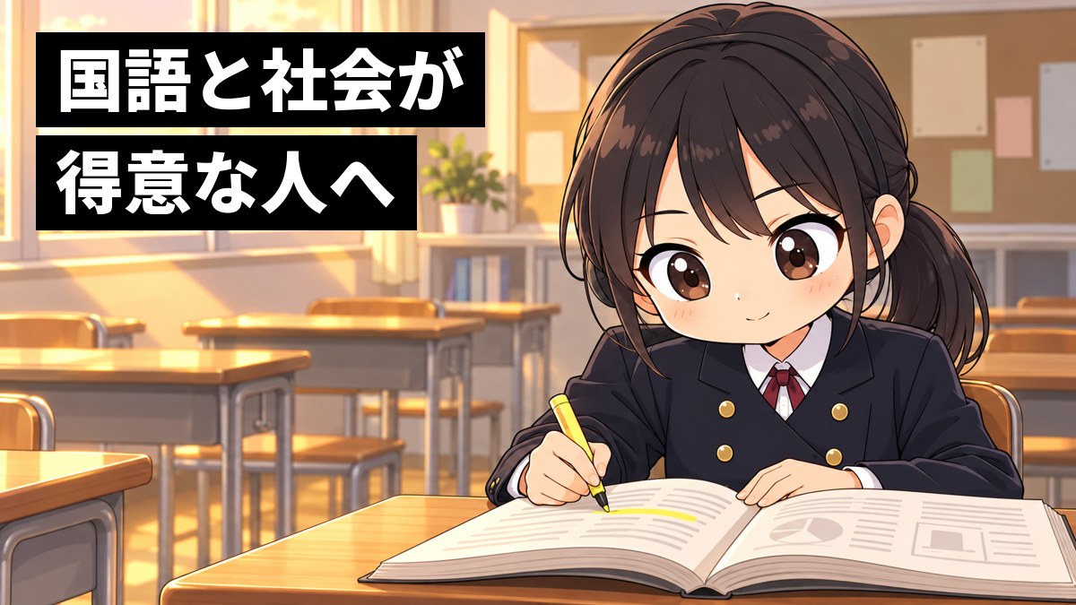 放課後の高校の教室で、安房高校の制服の女子高校生が、国語の評論文と公民の教科書を並べて、目を輝かせながら夢中で線を引いている挿絵。文字「国語と社会が得意な人へ」
