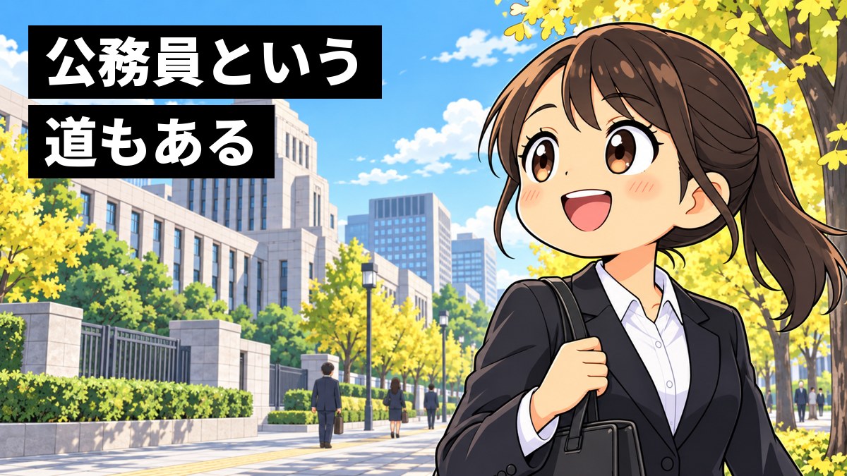 朝の官庁街で、就活スーツの女子大学生が役所の建物を見上げ、胸を張って晴れやかにほほえみながら歩いている挿絵。文字「公務員という道もある」