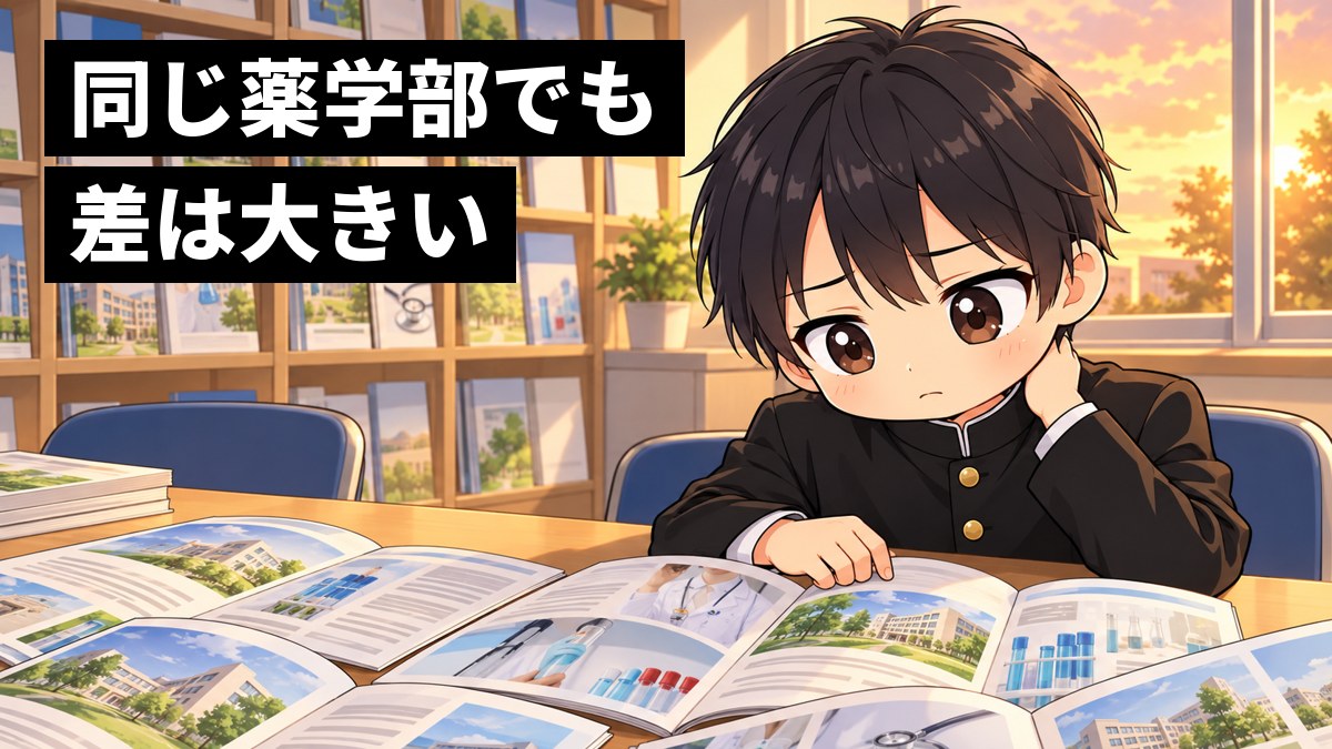 放課後の高校の進路室で、学ランの安房高校の男子が、机いっぱいに広げた大学案内のパンフレットを前に、肩を落として途方にくれている挿絵。文字「同じ薬学部でも差は大きい」