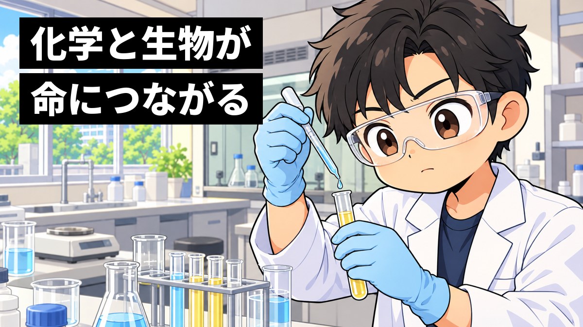 大学の薬学の実験室で、白衣と保護めがねの男子大学生が、ピペットで試験管に液を一滴ずつ落としながら、息を止めるように集中して先端を見つめている挿絵。文字「化学と生物が命につながる」