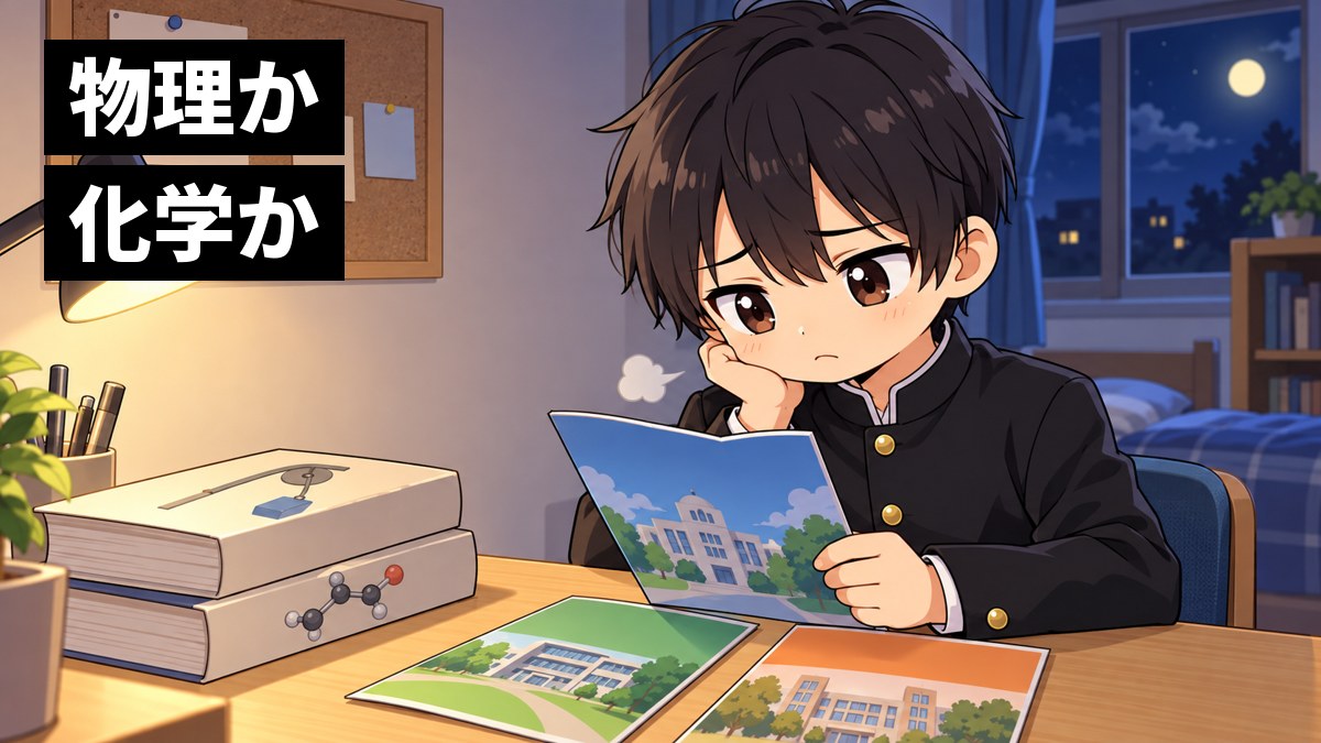 夜の自宅の勉強机で、学ラン姿の安房高校の男子が、表紙のちがう大学のパンフレット3冊と物理・化学の教科書を前に、眉を下げてため息をつき、途方にくれている挿絵。文字「物理か化学か」