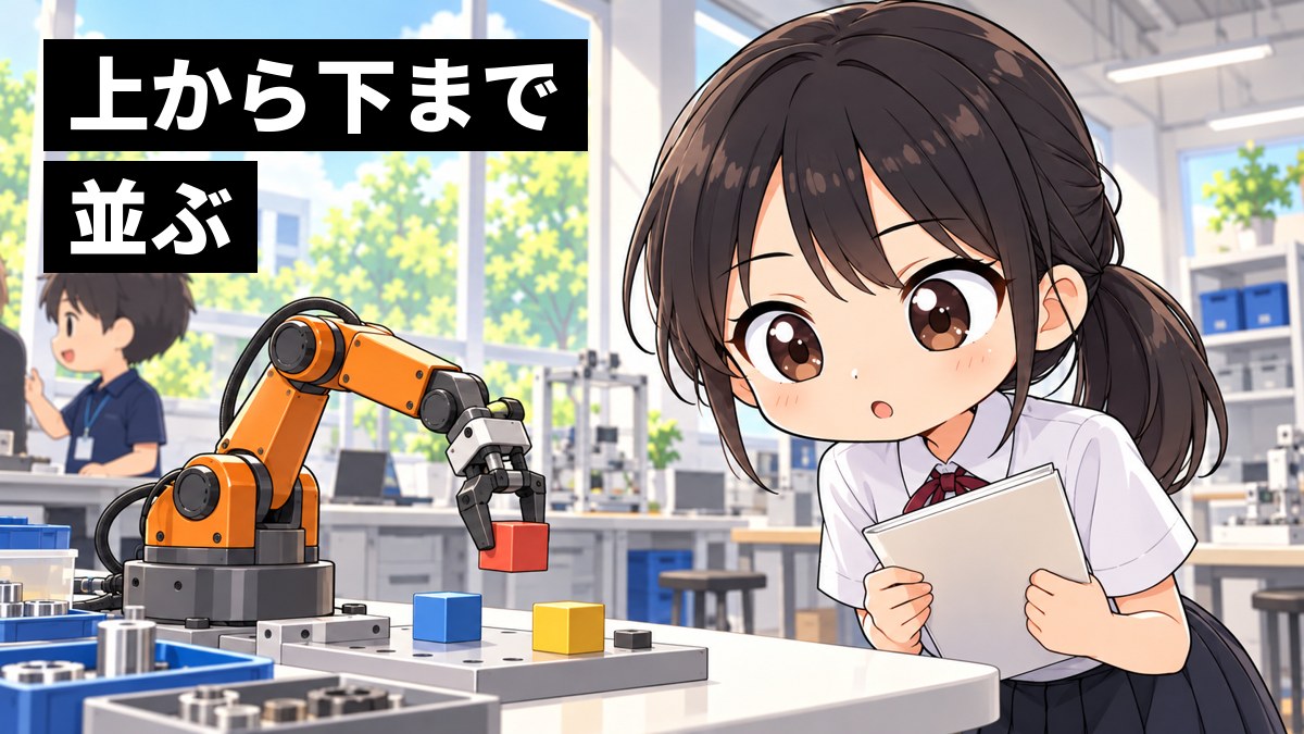 大学のオープンキャンパスの研究室で、ブレザー姿の安房高校の女子が、作業台の上で動く小さなロボットアームに身を乗り出し、目を丸くして夢中で見入っている挿絵。文字「上から下まで並ぶ」