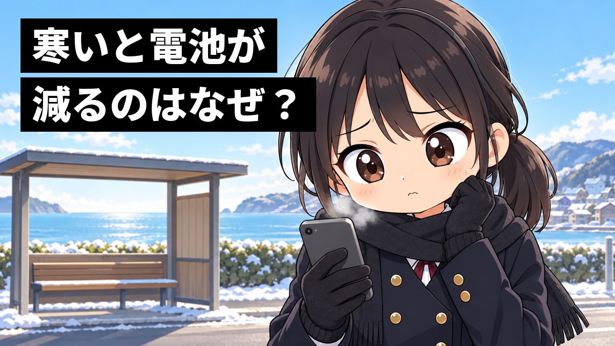冬の朝の館山のバス停で、マフラーを巻いたブレザー姿の安房高校の女子が、スマホの電池が急に減ったのを見て、眉を下げて首をかしげ、途方にくれている挿絵。文字「寒いと電池が減るのはなぜ?」