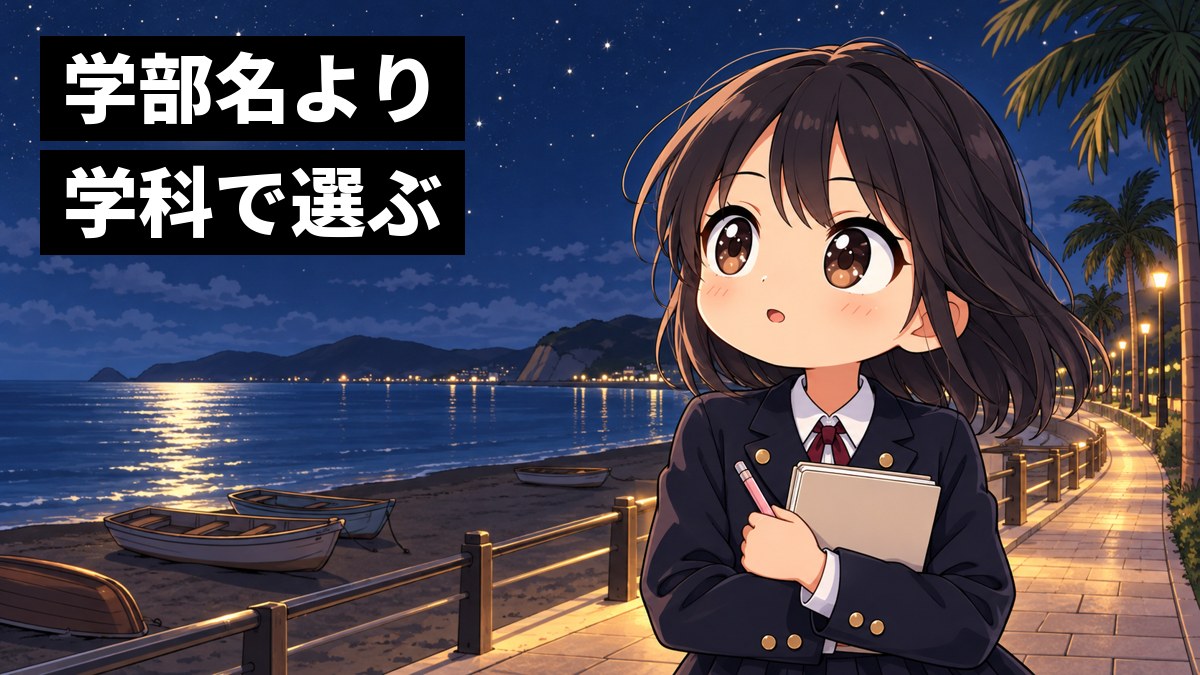 夜の館山・北条の海辺の遊歩道で、ブレザー姿の安房高校の女子が、満天の星空を見上げ、ノートを胸に抱えて目を輝かせ、わくわくした顔で見入っている挿絵。文字「学部名より学科で選ぶ」