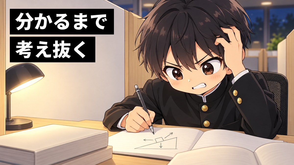 塾の自習ブースで、学ラン姿の安房高校の男子が、斜面と矢印の図をかいたノートを前に、歯を食いしばって眉を寄せ、むっとした顔で物理の問題に食らいついている挿絵。文字「分かるまで考え抜く」