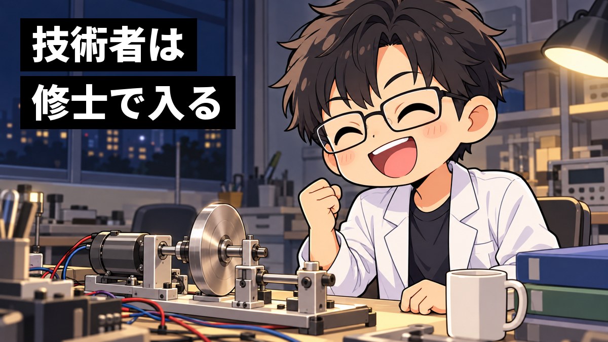夜の大学の研究室で、白衣の男子の大学院生が、実験装置の前で実験がうまくいき、小さくガッツポーズをして満面の笑顔を見せている挿絵。文字「技術者は修士で入る」